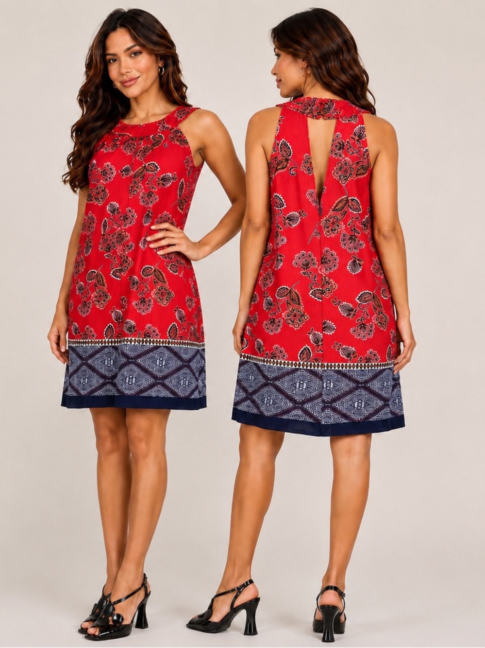 Three Hearts Red Floral Sleeveless Shift Dress with Navy Border